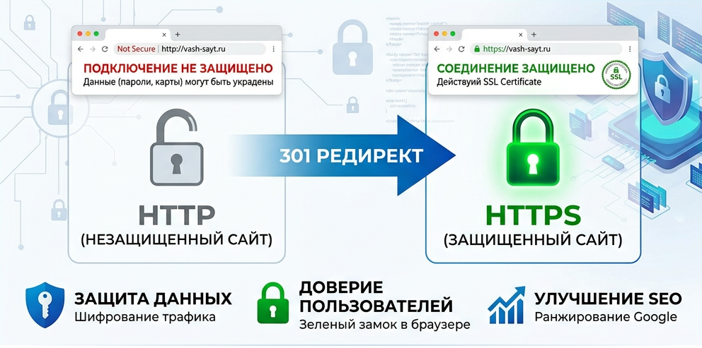 Схема: http → 301 → https, замок, предупреждение браузера.